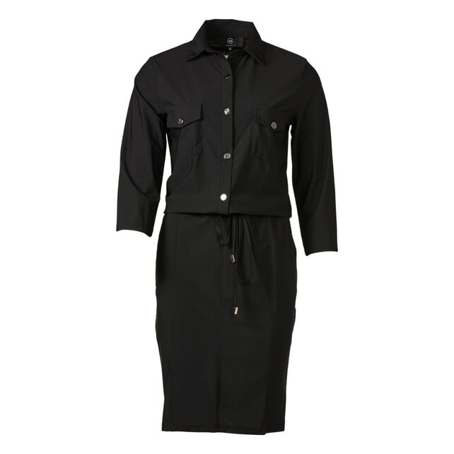 Damesjurk travelstof 3/4 mouwen met strik-ceintuur en knopen - zwart
