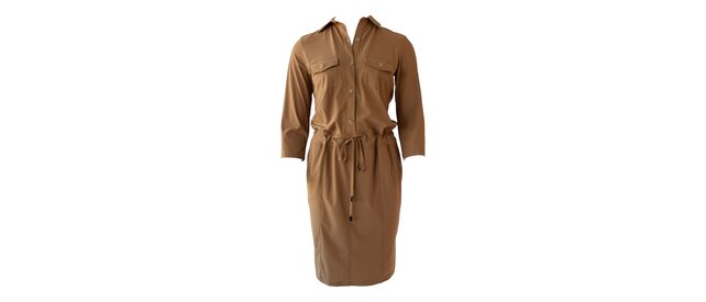 Damesjurk travelstof 3/4 mouwen met strik-ceintuur en knopen - khaki