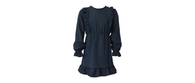 Meisjes jurk met  ruches op het voorpand en strook aan de onderkant - donkerblauw *