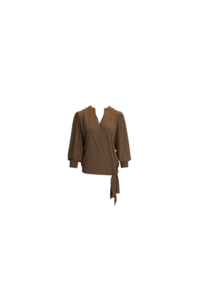Damesblouse in travelstof met overslag en strikceintuur - cognac *
