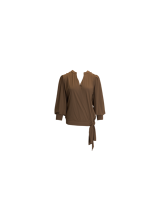 Damesblouse in travelstof met overslag en strikceintuur - cognac *