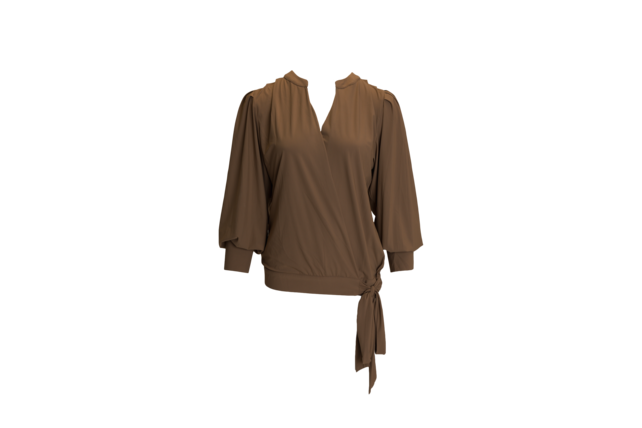 Damesblouse in travelstof met overslag en strikceintuur - cognac *