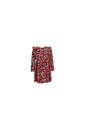 Meisjes jurk met ruches op het voor- en achterpand in vrolijke bloemenprint - donkerrood/roze *