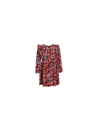 Meisjes jurk met ruches op het voor- en achterpand in vrolijke bloemenprint - donkerrood/roze *