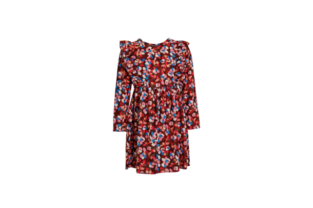 Meisjes jurk met  ruches op het voor- en achterpand in vrolijke bloemenprint - donkerrood/roze *