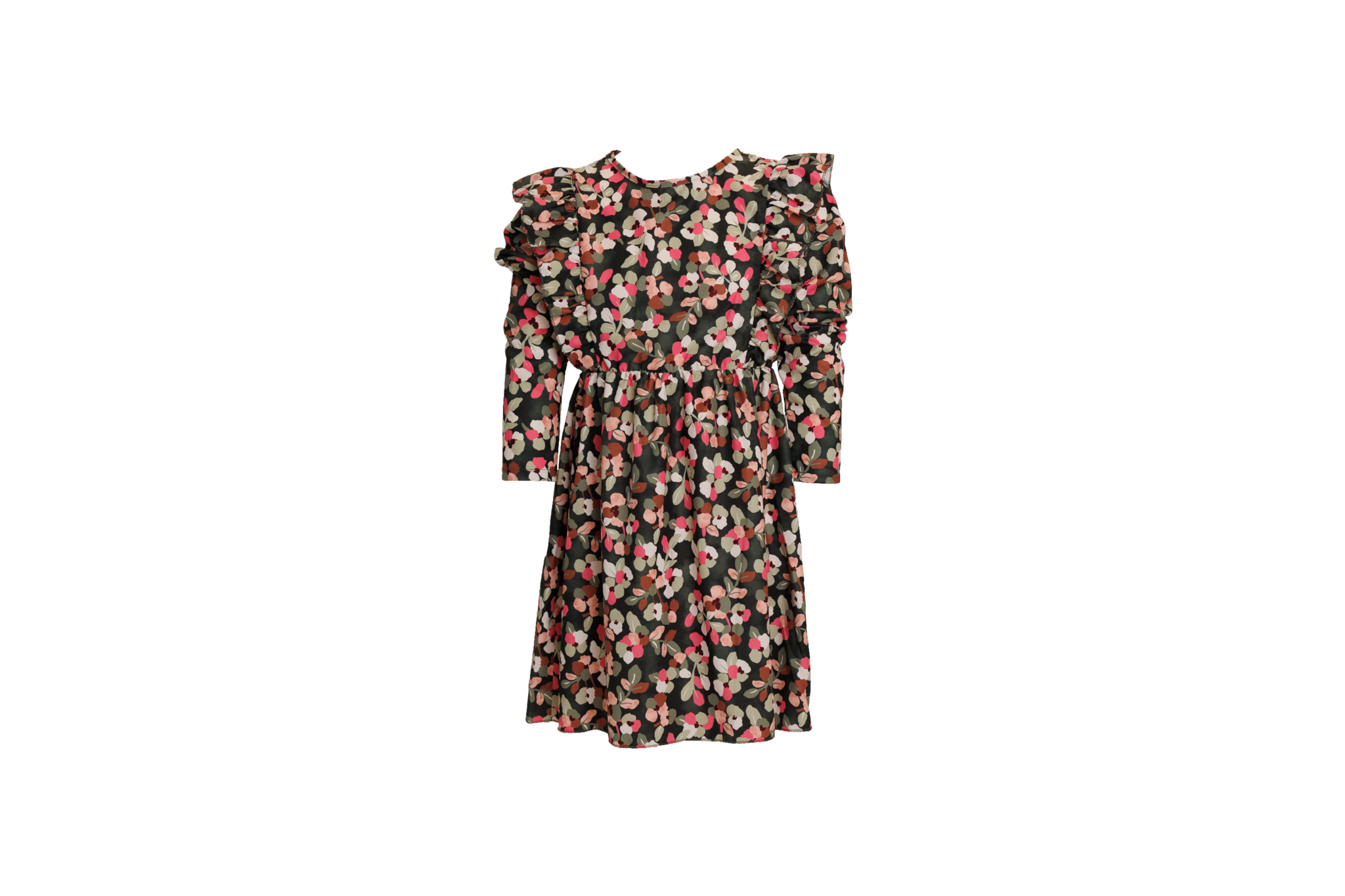 Meisjes jurk met ruches op het voor en achterpand in vrolijke bloemen