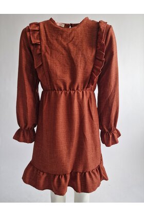 Meisjes jurk met ruches op het voorpand en strook aan de onderkant - brique *