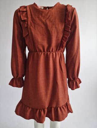 Meisjes jurk met ruches op het voorpand en strook aan de onderkant - brique *