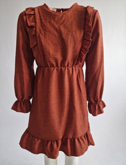 Meisjes jurk met  ruches op het voorpand en strook aan de onderkant - brique *