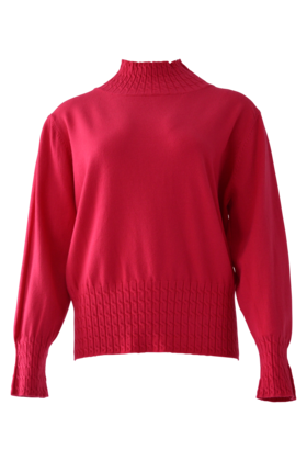 Dames trui met met turtle boord en kabelpatroon langs boord - fuchsia *