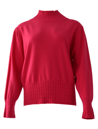 Dames trui met met turtle boord en kabelpatroon langs boord - fuchsia *