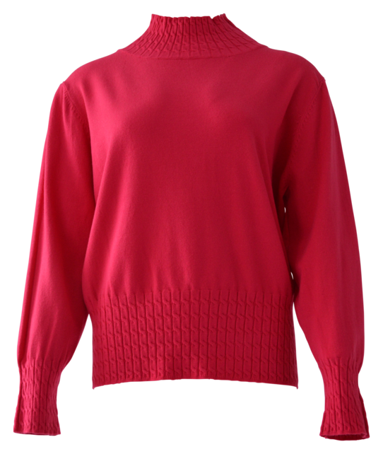 Dames trui met met turtle boord en kabelpatroon langs boord - fuchsia *