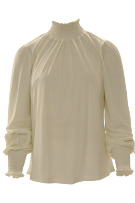 Damesblouse in travelstof met gerimpeld boord en manchetten - ivory
