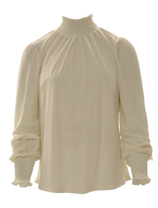 Damesblouse in travelstof met gerimpeld boord en manchetten - ivory