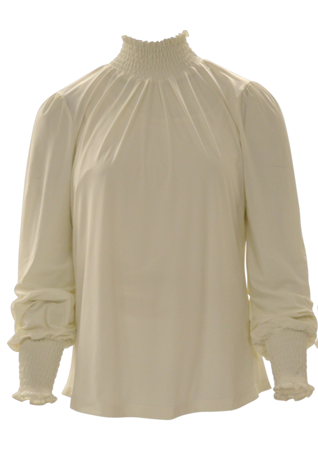 Damesblouse in travelstof met gerimpeld boord en manchetten - ivory