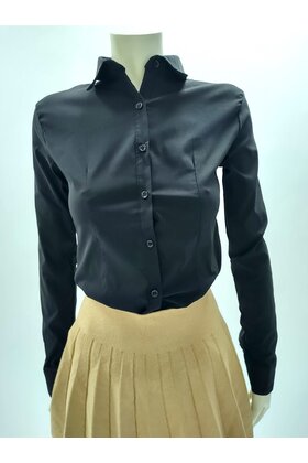 Dames blouse lange mouwen katoenmix met stretch - zwart *