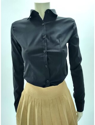 Dames blouse lange mouwen katoenmix met stretch - zwart *