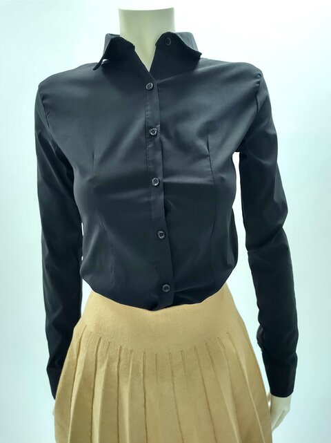 Dames blouse lange mouwen katoenmix met stretch - zwart *