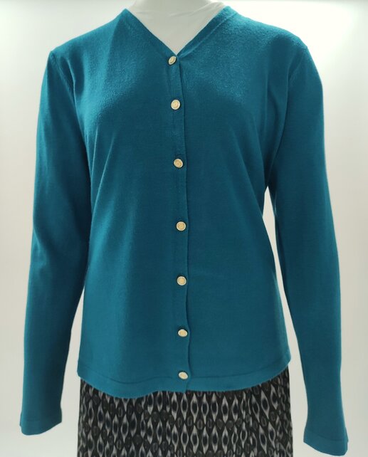 Dames vest met V-hals koperkleurige knopen - petrolblauw