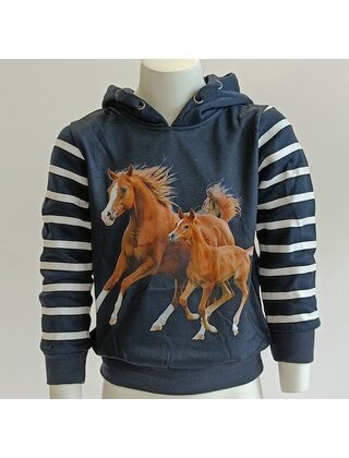 Meisjes trui hoodie met paarden - donkerblauw *