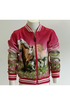 Meisjes bomber jasje/vest met rits  in fuchsia met paarden *