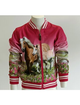 Meisjes bomber jasje/vest met rits  in fuchsia met paarden *