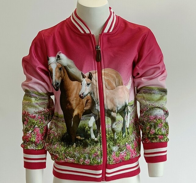 Meisjes bomber jasje/vest met rits  in fuchsia met paarden