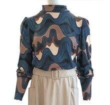 Damesblouse/shirt met boordje en lang manchet - petrolblauw/camel