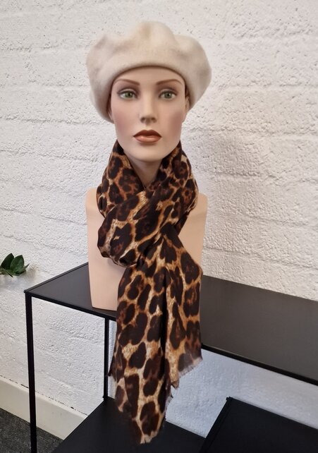 Damessjaal viscose panterprint , cognac/donkerbruin/zand