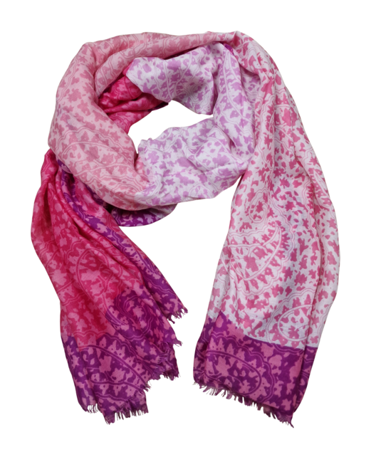 Viscose sjaal met bladmotief roze/fuchsia