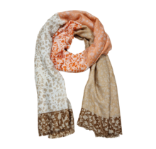 Viscose sjaal met bladmotief beige/oranje