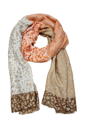 Viscose sjaal met bladmotief beige/oranje