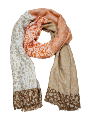 Viscose sjaal met bladmotief beige/oranje