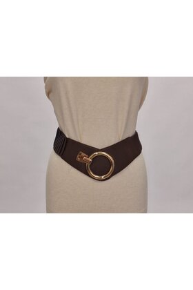 Dames elastische brede taille riem met haaksluiting (groot) - donkerbruin