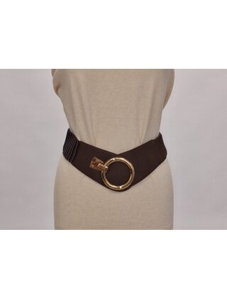 Dames elastische brede taille riem met haaksluiting (groot) - donkerbruin