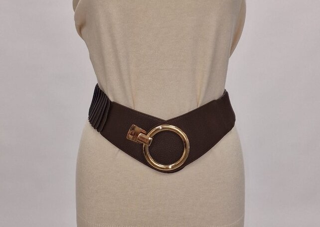 Dames elastische brede taille riem met haaksluiting (groot) - donkerbruin
