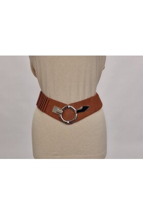 Dames elastische brede taille riem met haaksluiting (klein) - cognac