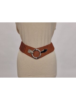 Dames elastische brede taille riem met haaksluiting (klein) - cognac