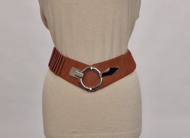 Dames elastische brede taille riem met haaksluiting (klein) - cognac