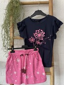 Meisjes set Saar (shirt en rok) - donkerblauw/roze *