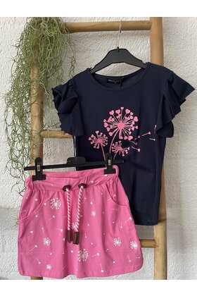 Meisjes set Saar (shirt en rok) - donkerblauw/roze *