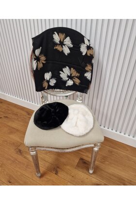 Sjaal met bloemen - zwart/wit/bruin