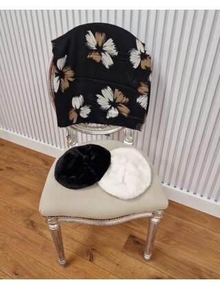 Sjaal met bloemen - zwart/wit/bruin