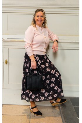 Rok plissé lang model - zwart met bloem