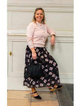 Rok plissé lang model - zwart met bloem