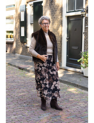 Rok plissé lang model - bloem zwart/taupe
