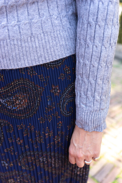 Rok plissé kort model - paisley marine/bruin