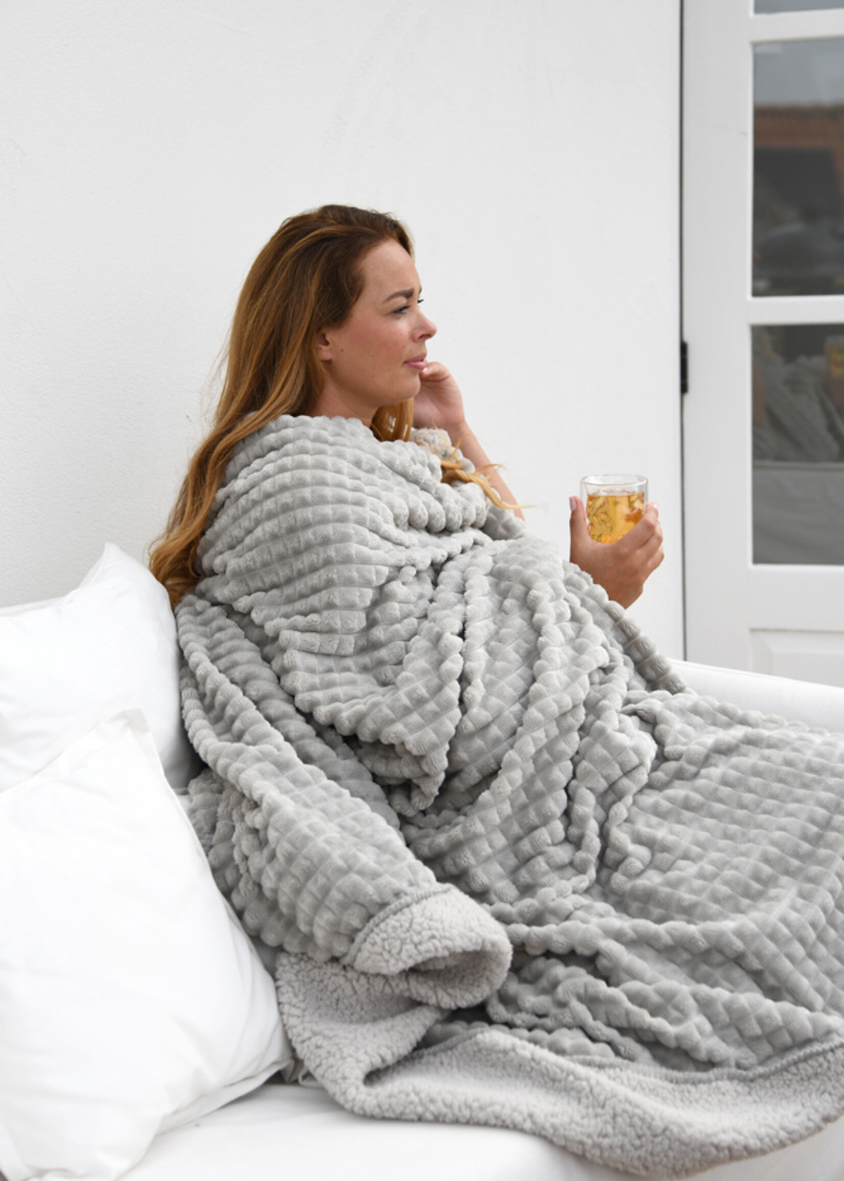 Plaid hokjes/teddy lichtgrijs