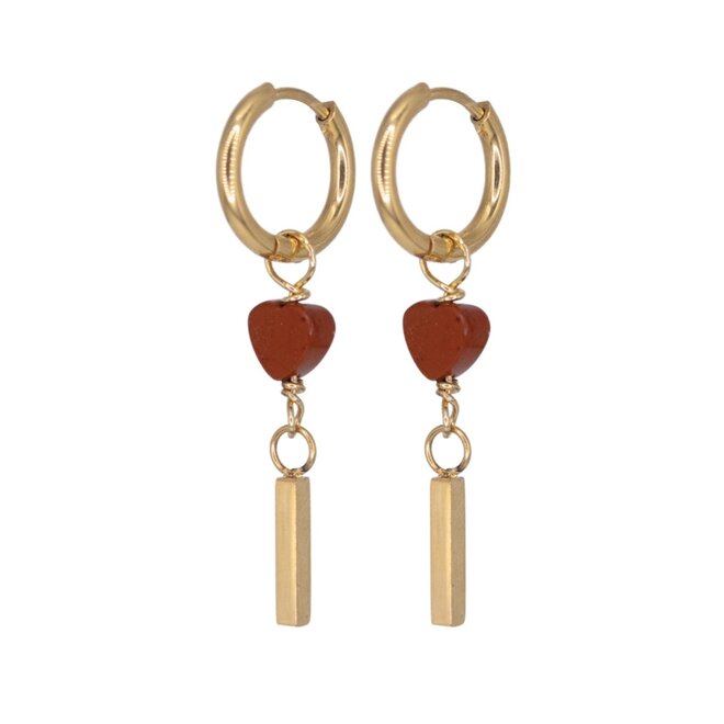 Oorringen rode jasper heart bar goud