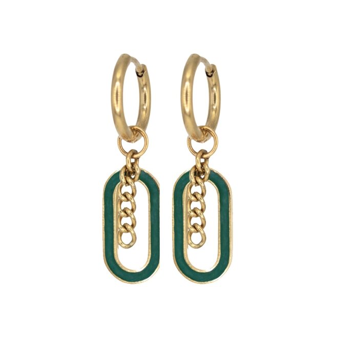 Oorringen chain open oval groen goud